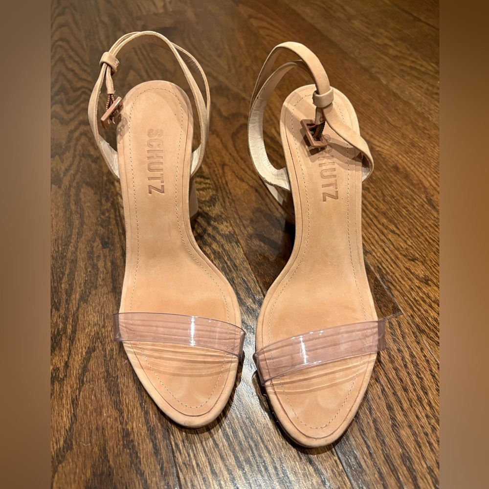 Schutz Nude Block Heel Sandals with Clear Strap – Size 5.5B